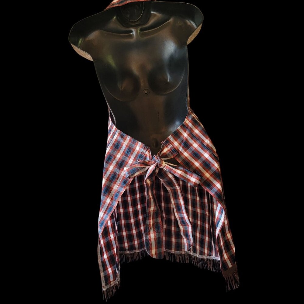 Plaid Halter Apron Cowgirl Western Country Girl  Top With Fringe Hem & Tie Back - Picture 4 of 15